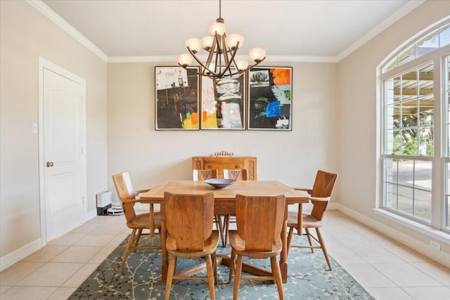 dining space with crown molding, light tile patterned flooring, and an inviting chandelier