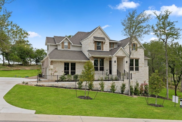 118 Bateleurfrey Cv, Cedar Creek, TX 78612 - view of front facade featuring stone siding, a front lawn, concrete driveway, and roof with shingles