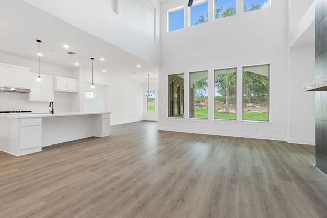 118 Bateleurfrey Cv, Cedar Creek, TX 78612 - unfurnished living room with healthy amount of natural light, light wood finished floors, a towering ceiling, and recessed lighting