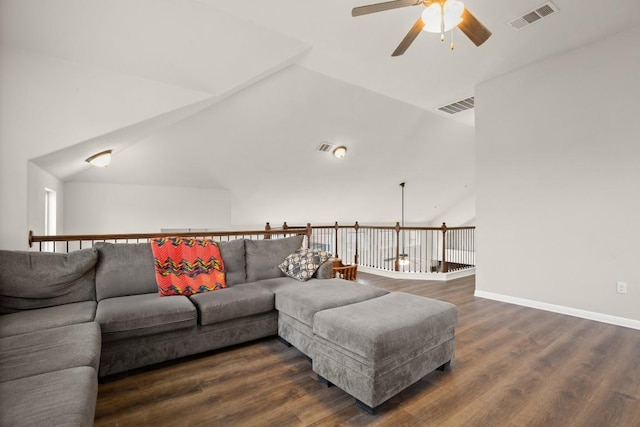 living room with high vaulted ceiling, dark hardwood / wood-style floors, and ceiling fan