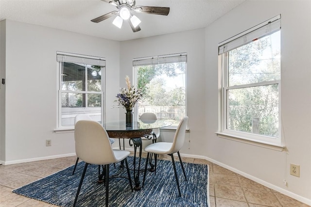 tiled dining room featuring ceiling fan and a textured ceiling