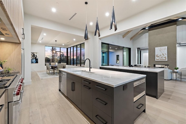 kitchen with sink, decorative light fixtures, light hardwood / wood-style flooring, stainless steel appliances, and a large island