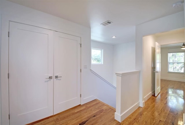 hall with a wealth of natural light and light hardwood / wood-style flooring