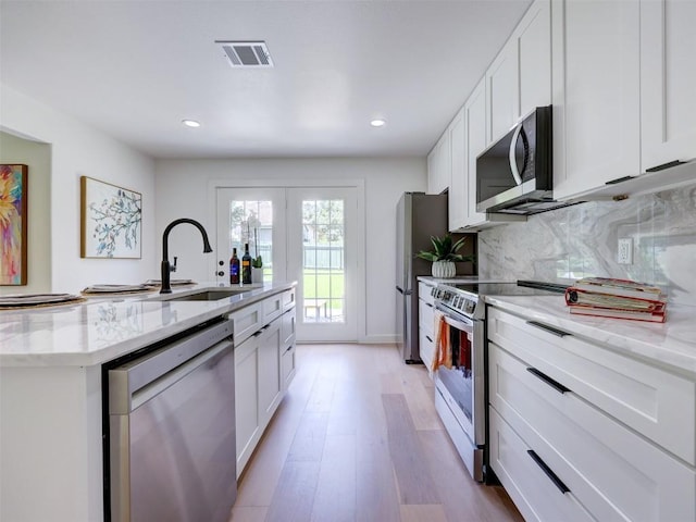 kitchen featuring sink, appliances with stainless steel finishes, backsplash, light stone counters, and white cabinets