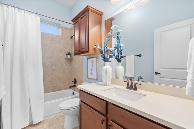 full bathroom featuring shower / bath combination with curtain, vanity, toilet, and tile patterned flooring