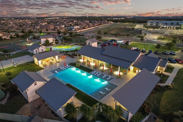 view of aerial view at dusk