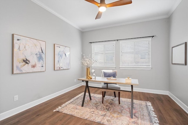 office area with ornamental molding, ceiling fan, and dark hardwood / wood-style flooring