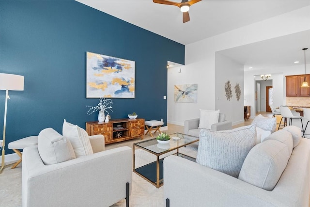 living room with ceiling fan