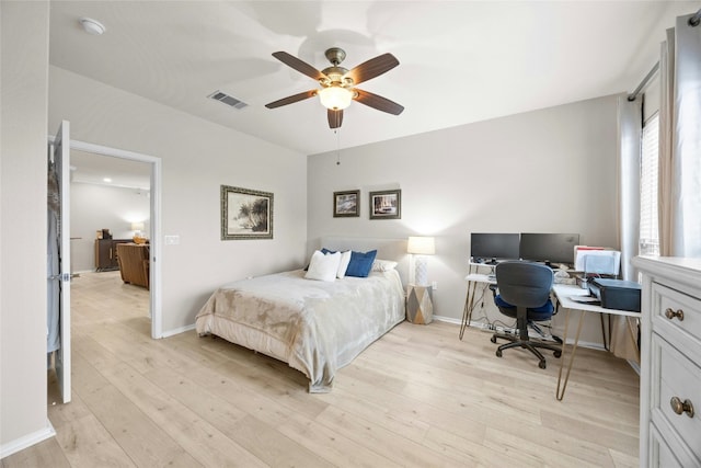 bedroom featuring ceiling fan and light wood-type flooring