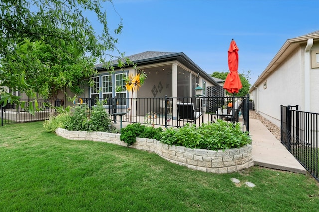 116 Granite Peak Cv, Georgetown, TX 78633 - back of property featuring a fenced backyard, stucco siding, a yard, and a patio area