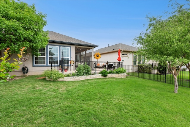 116 Granite Peak Cv, Georgetown, TX 78633 - back of property with a lawn, a patio, fence, and stucco siding