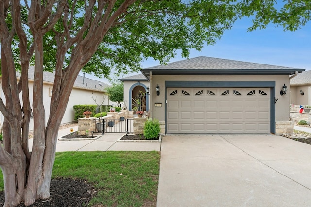 116 Granite Peak Cv, Georgetown, TX 78633 - ranch-style home featuring roof with shingles, stucco siding, a gate, an attached garage, and driveway