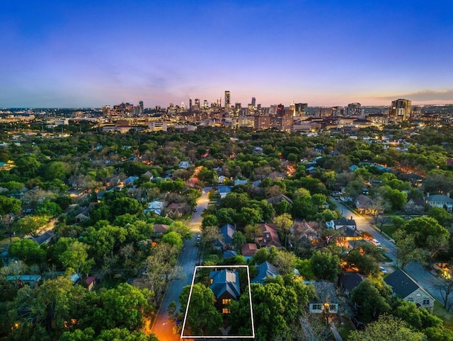 view of aerial view at dusk