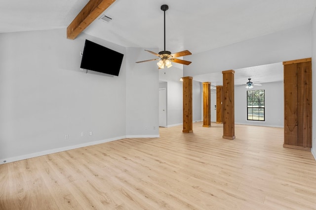 unfurnished living room with vaulted ceiling with beams, light hardwood / wood-style flooring, and ceiling fan