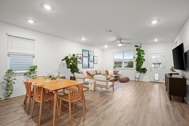 dining room with ceiling fan and hardwood / wood-style floors