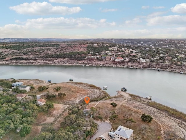 drone / aerial view featuring a water view