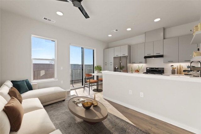 living room with light hardwood / wood-style floors and ceiling fan