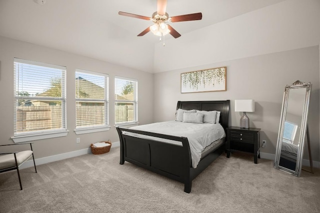 120 Red Granite Rd, Georgetown, TX 78633 - bedroom with light colored carpet, baseboards, lofted ceiling, and ceiling fan