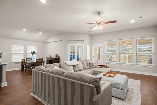 living room featuring hardwood / wood-style flooring, ceiling fan, and french doors