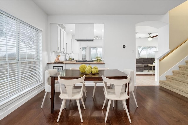 dining room with ceiling fan, dark hardwood / wood-style floors, and sink