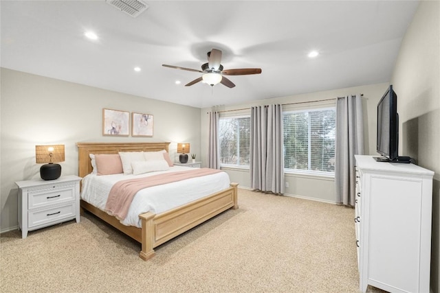 carpeted bedroom featuring ceiling fan