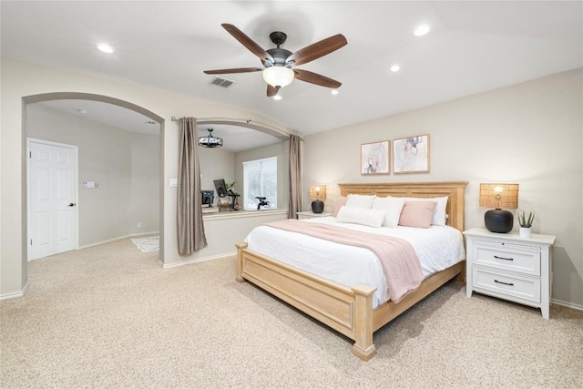 carpeted bedroom with ceiling fan