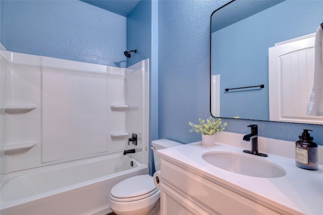 full bathroom featuring bathing tub / shower combination, vanity, and toilet