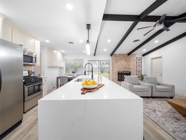 kitchen featuring stainless steel appliances, an island with sink, a stone fireplace, and sink