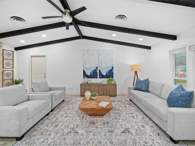 living room featuring vaulted ceiling with beams, light hardwood / wood-style flooring, and ceiling fan