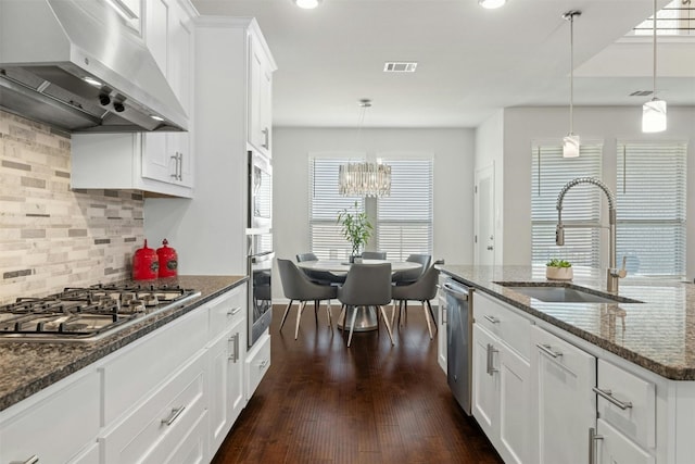 kitchen with appliances with stainless steel finishes, ventilation hood, sink, and white cabinets