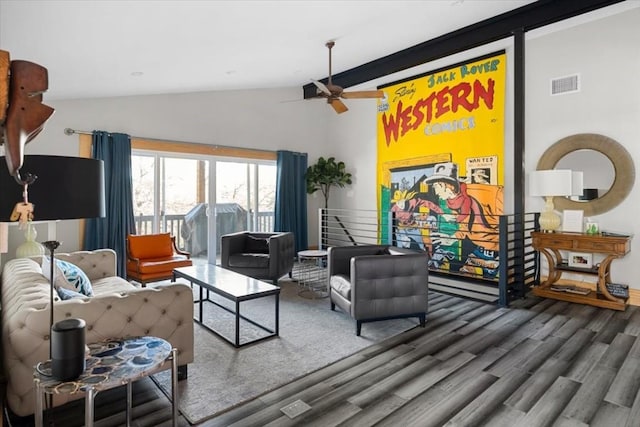 living room with vaulted ceiling, hardwood / wood-style floors, and ceiling fan