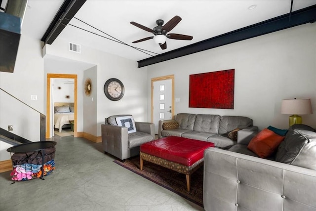 living room featuring ceiling fan