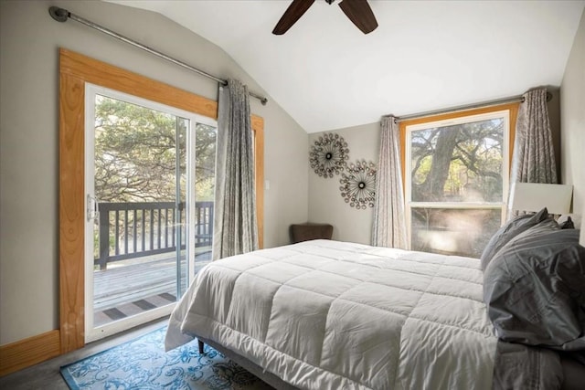 1309 Edgewater Dr, Spicewood, TX 78669 - bedroom with lofted ceiling, access to exterior, ceiling fan, and carpet