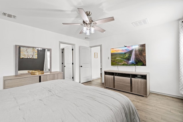 bedroom featuring light hardwood / wood-style flooring and ceiling fan