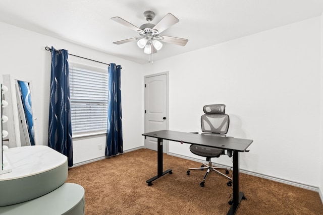 home office featuring ceiling fan and carpet floors