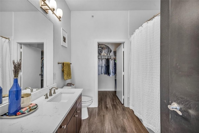 bathroom with vanity, hardwood / wood-style flooring, and toilet