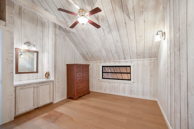 bonus room featuring lofted ceiling, light wood-type flooring, wooden ceiling, wooden walls, and ceiling fan