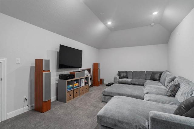 carpeted living room featuring lofted ceiling