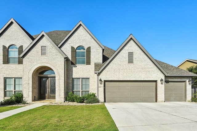 french country inspired facade with a garage and a front yard