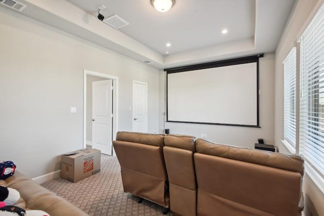 home theater with a healthy amount of sunlight, a raised ceiling, and light carpet