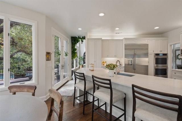 kitchen with sink, dark hardwood / wood-style floors, a healthy amount of sunlight, and appliances with stainless steel finishes