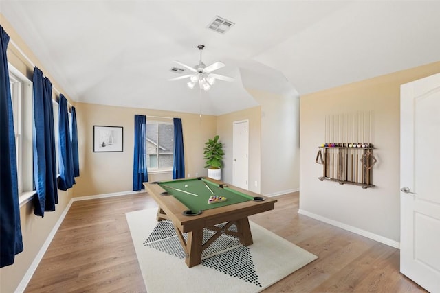 recreation room with ceiling fan, lofted ceiling, pool table, and light wood-type flooring