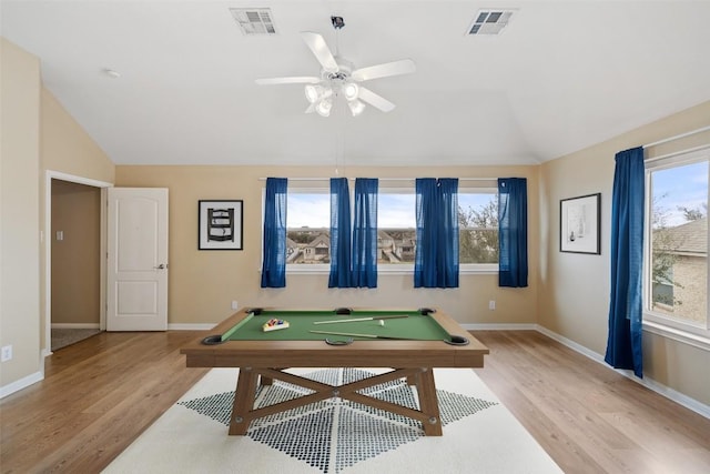 recreation room with pool table, vaulted ceiling, light hardwood / wood-style floors, and ceiling fan