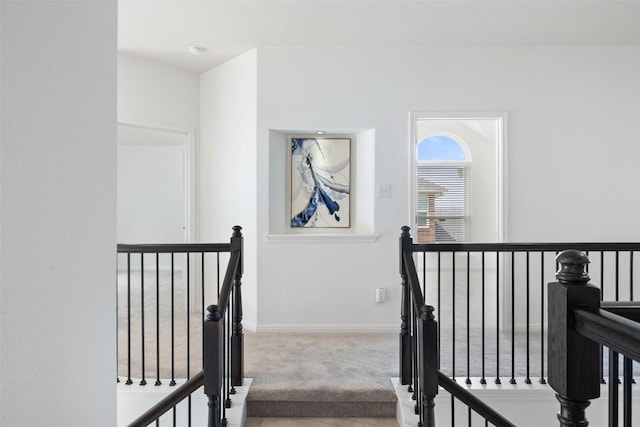 10709 Pointe View Dr, Austin, TX 78738 - staircase featuring carpet floors and baseboards