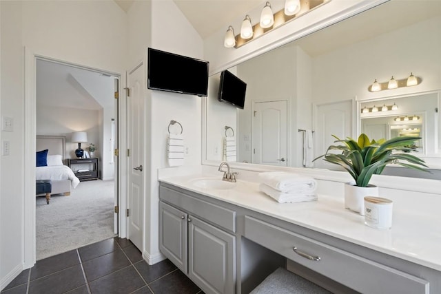 10709 Pointe View Dr, Austin, TX 78738 - full bath with ensuite bathroom, tile patterned floors, vanity, and high vaulted ceiling