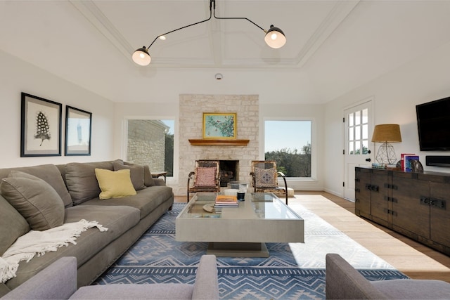 living room featuring ornamental molding, a fireplace, and a tray ceiling