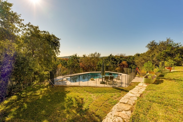 view of swimming pool featuring a patio and a lawn