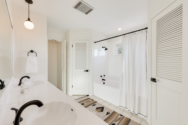 bathroom featuring shower / tub combo with curtain and vanity