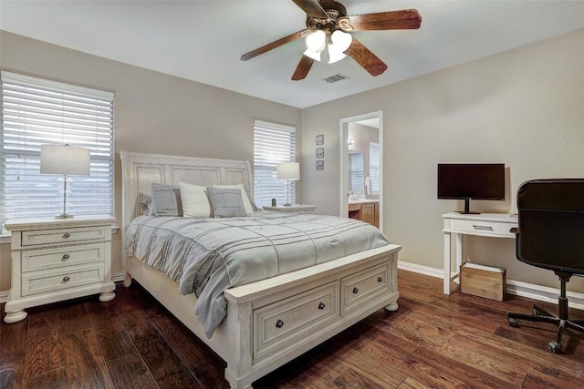 bedroom featuring dark hardwood / wood-style flooring and ceiling fan