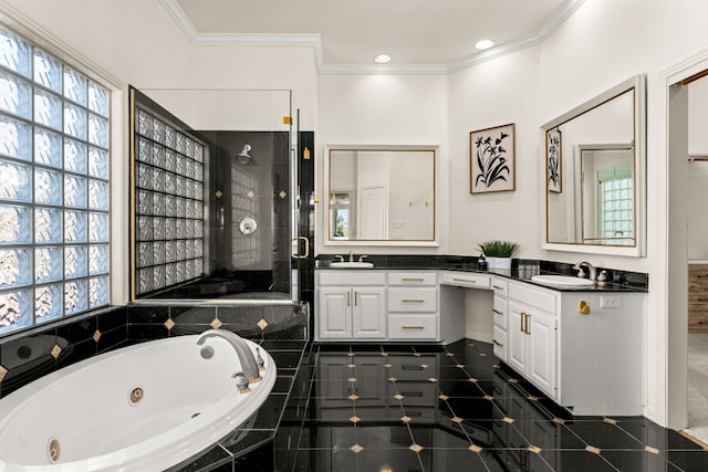 bathroom featuring crown molding, shower with separate bathtub, and vanity